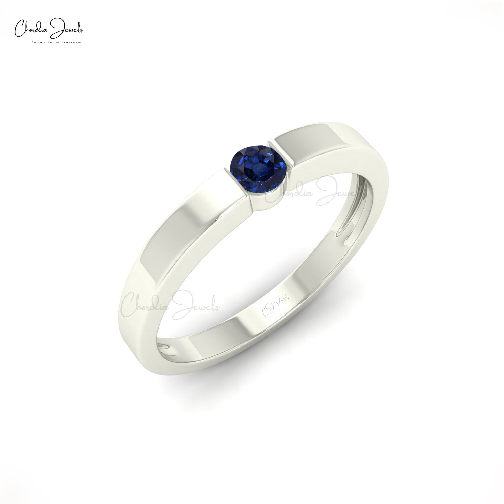 Brilliant Cut Solitaire Ring With 3mm Blue Sapphire Pressure Set In 14k Real Gold Ring