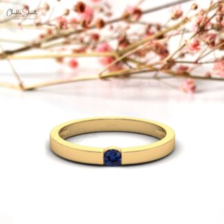 Brilliant Cut Solitaire Ring With 3mm Blue Sapphire Pressure Set In 14k Real Gold Ring