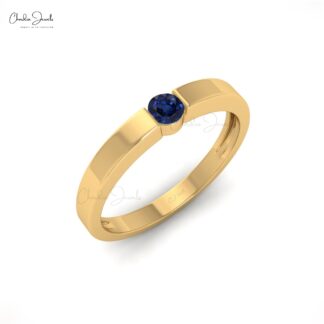 Brilliant Cut Solitaire Ring With 3mm Blue Sapphire Pressure Set In 14k Real Gold Ring