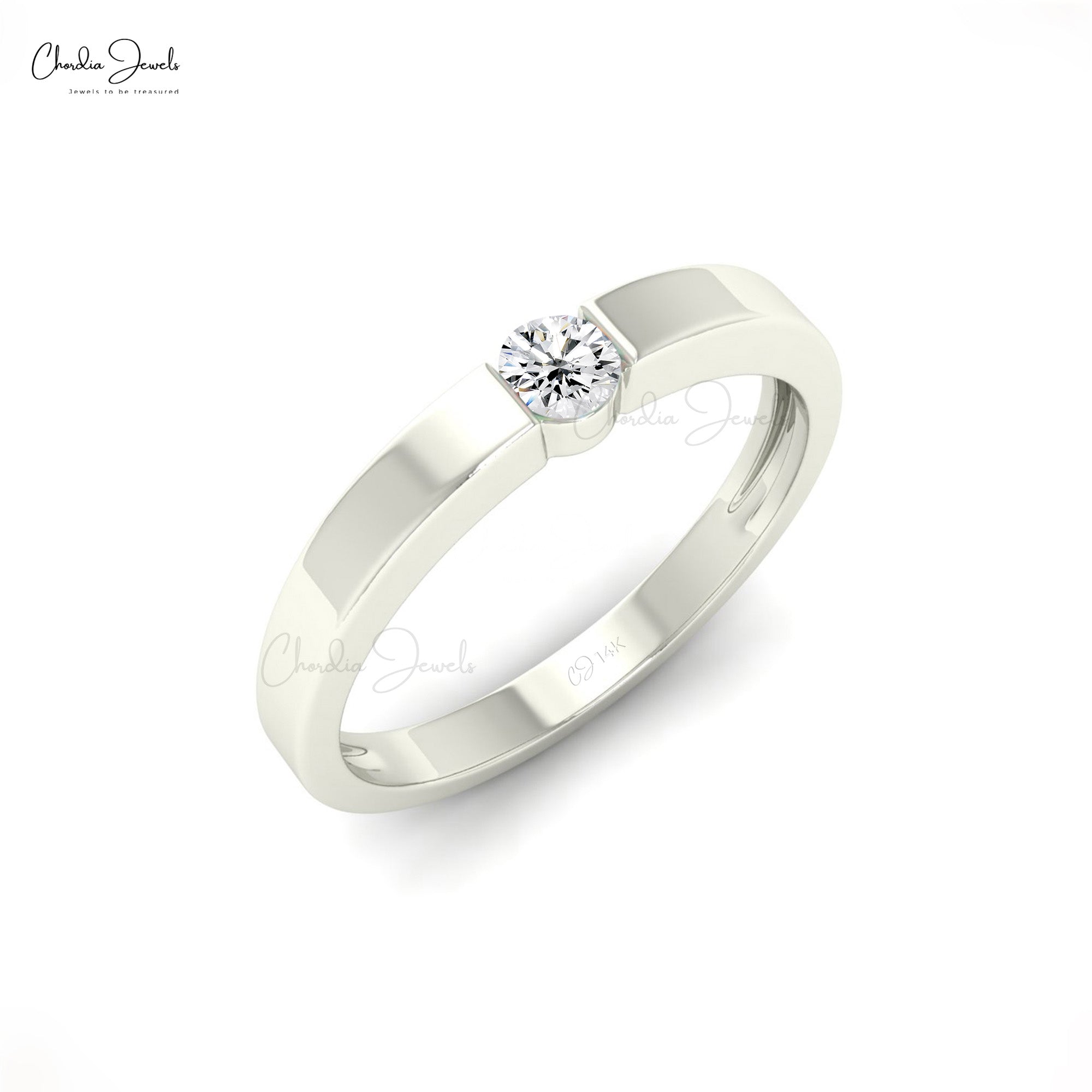 Solitaire Stacking Ring With 3mm White Diamond Wedding Ring In 14k Real Gold (Size 5-11)