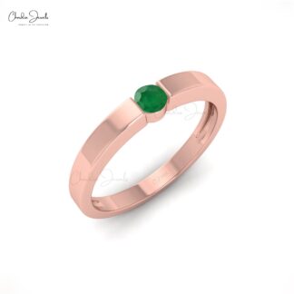 14k Solid Gold With 3mm Round Emerald Gemstone Dainty Solitaire Ring