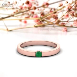 14k Solid Gold With 3mm Round Emerald Gemstone Dainty Solitaire Ring