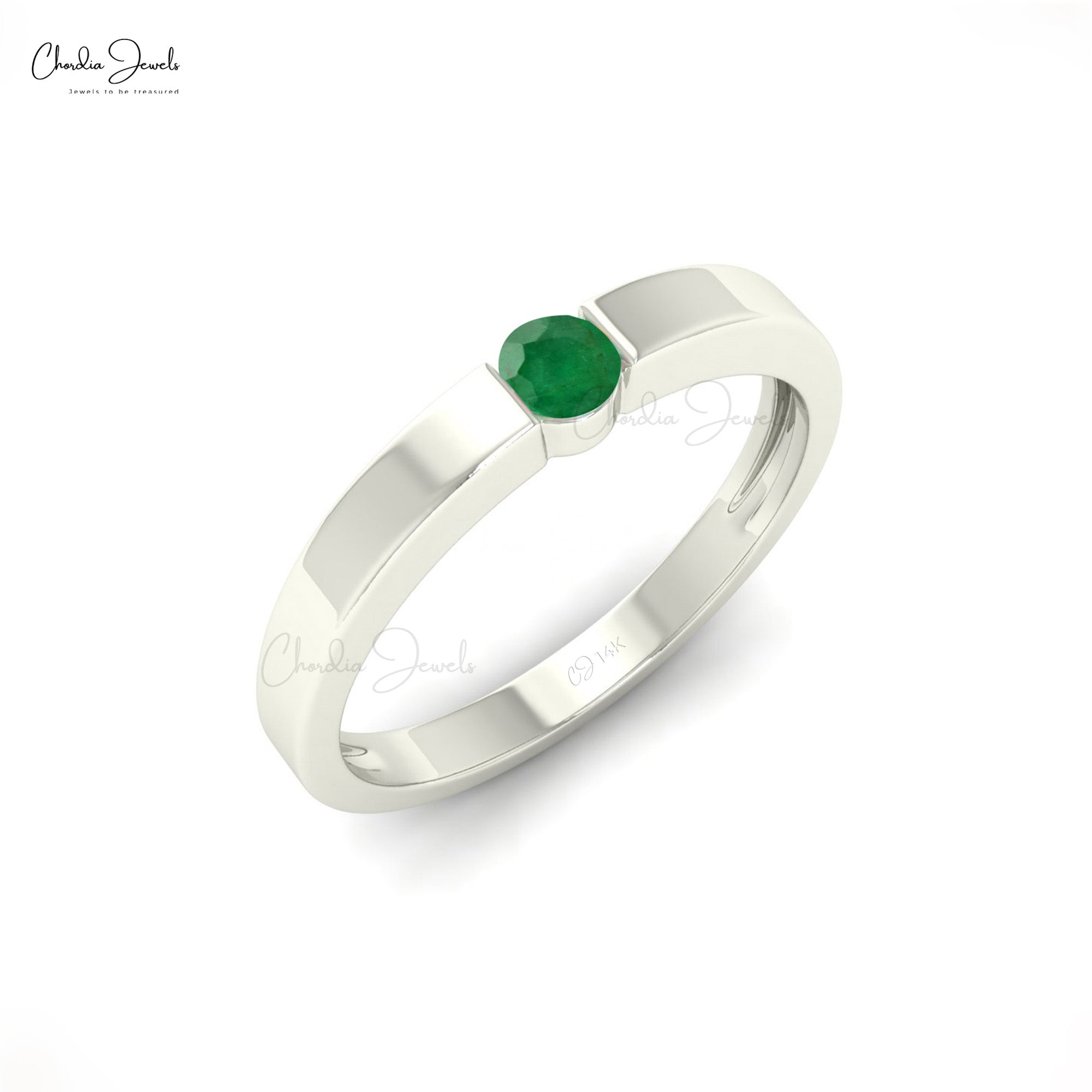 14k Solid Gold With 3mm Round Emerald Gemstone Dainty Solitaire Ring