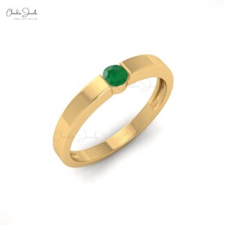 14k Solid Gold With 3mm Round Emerald Gemstone Dainty Solitaire Ring