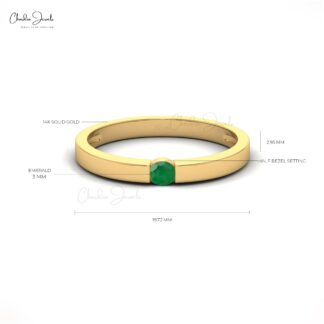 14k Solid Gold With 3mm Round Emerald Gemstone Dainty Solitaire Ring