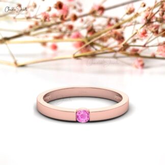 Solitaire Women Ring In 14k Pure Gold Pink Sapphire 0.10 Ct Gemstone Rings (Size 5-11)