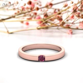 Round Rhodolite Garnet Solitaire Ring In 14k Real Gold January Birthstone Women Jewelry