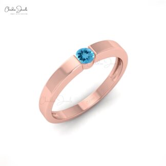 Pure 14k Gold Solitaire Ring With 3mm Swiss Blue Topaz Dainty Wedding Ring (Size 5-11)