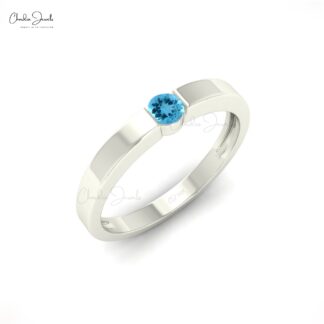 Pure 14k Gold Solitaire Ring With 3mm Swiss Blue Topaz Dainty Wedding Ring (Size 5-11)