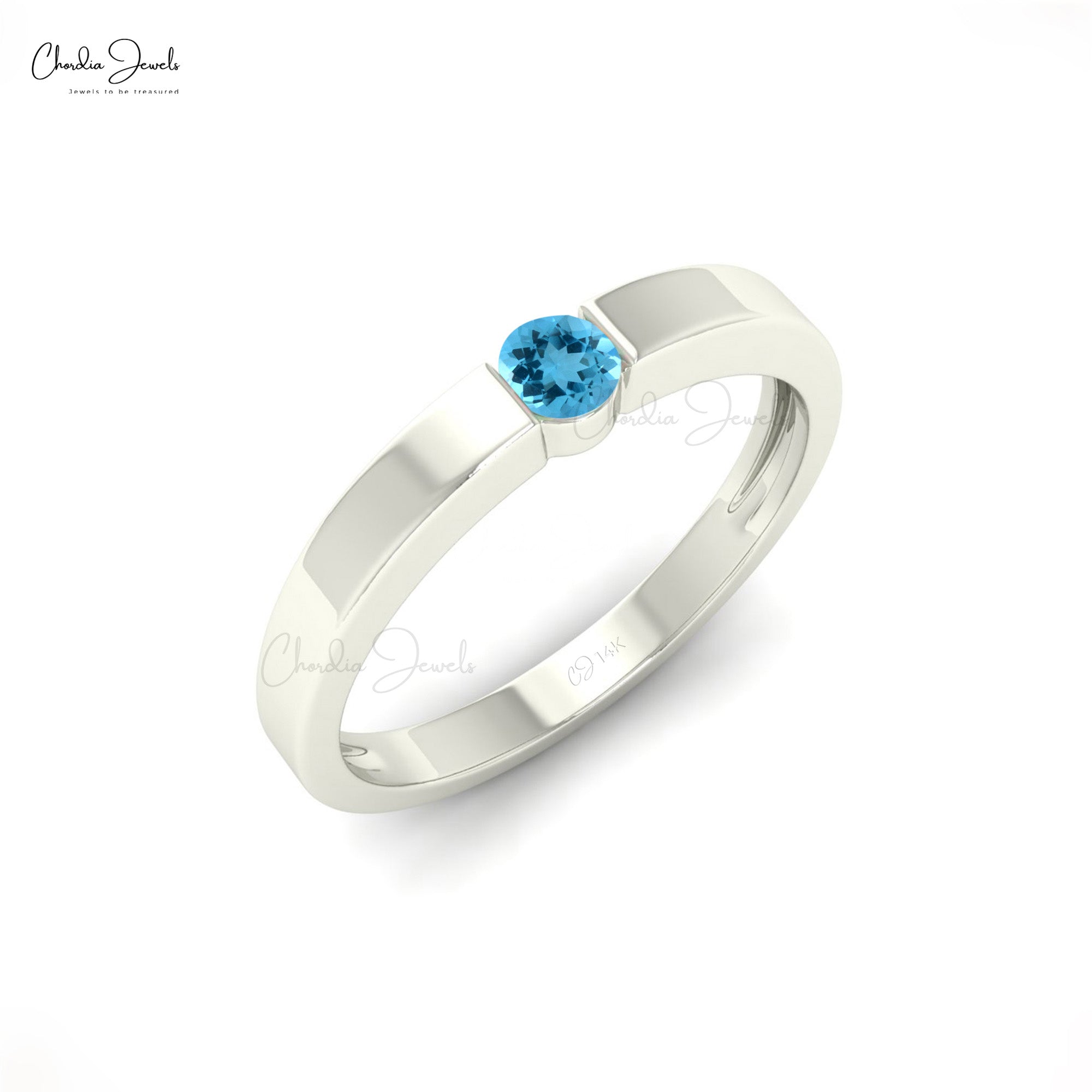 Pure 14k Gold Solitaire Ring With 3mm Swiss Blue Topaz Dainty Wedding Ring (Size 5-11)