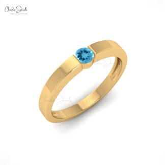 Pure 14k Gold Solitaire Ring With 3mm Swiss Blue Topaz Dainty Wedding Ring (Size 5-11)