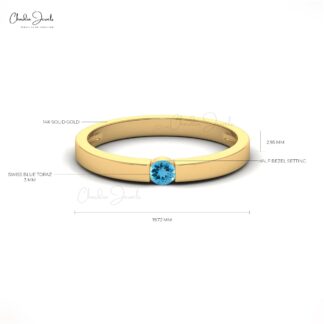 Pure 14k Gold Solitaire Ring With 3mm Swiss Blue Topaz Dainty Wedding Ring (Size 5-11)