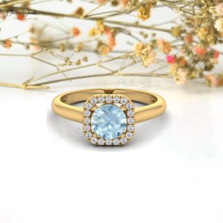 Natural Aquamarine and Diamond Halo Ring in 14k Solid Gold