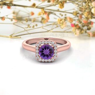 Solid 14k Gold Amethyst Gemstone Ring Genuine Diamond Halo Light Weight Anniversary Ring