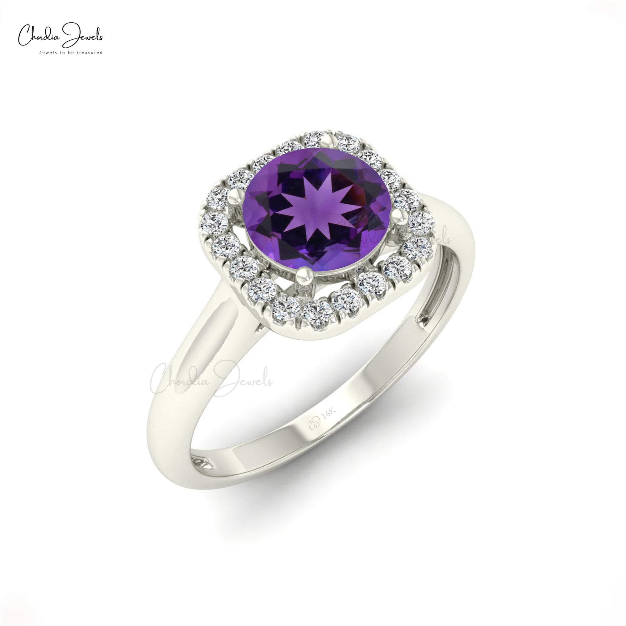 Solid 14k Gold Amethyst Gemstone Ring Genuine Diamond Halo Light Weight Anniversary Ring