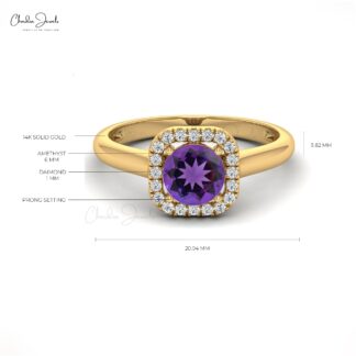 Solid 14k Gold Amethyst Gemstone Ring Genuine Diamond Halo Light Weight Anniversary Ring