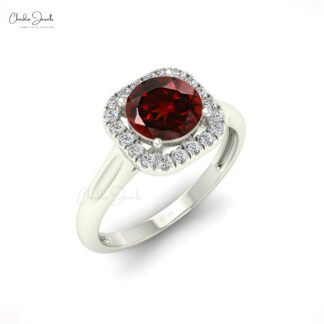 Natural Garnet and Diamond Dainty Ring in 14k Solid Gold For Anniversary