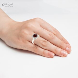 Natural Garnet and Diamond Dainty Ring in 14k Solid Gold For Anniversary