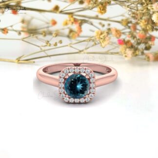 0.74 Carats Natural London Blue Topaz and Diamond Dainty Ring in 14k Solid Gold