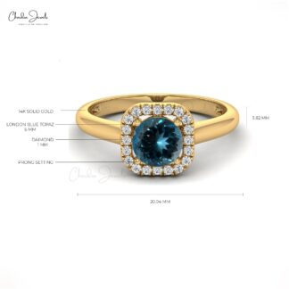 0.74 Carats Natural London Blue Topaz and Diamond Dainty Ring in 14k Solid Gold