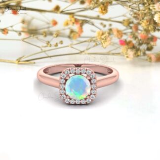 Diamond Halo Women Ring With 6mm Opal Gemstone Prong Set In 14k Solid Gold Rings