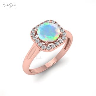 Diamond Halo Women Ring With 6mm Opal Gemstone Prong Set In 14k Solid Gold Rings