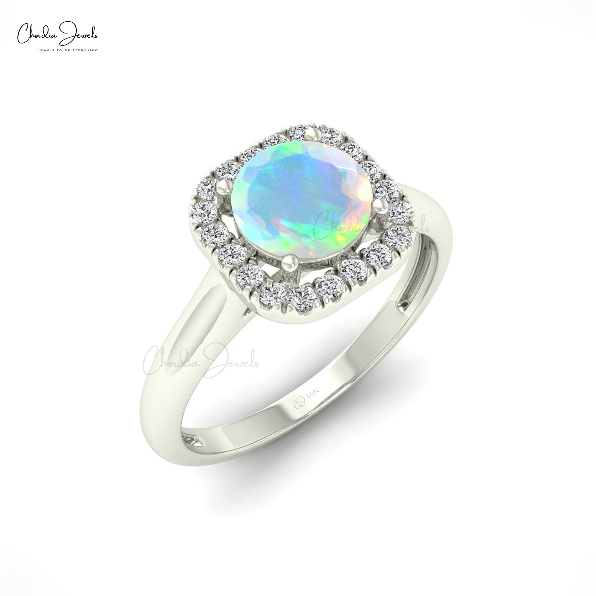 Diamond Halo Women Ring With 6mm Opal Gemstone Prong Set In 14k Solid Gold Rings