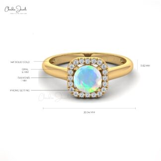 Diamond Halo Women Ring With 6mm Opal Gemstone Prong Set In 14k Solid Gold Rings