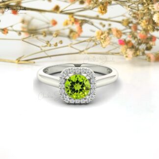 Dainty Round Cut Natural Peridot And Diamond Halo Ring