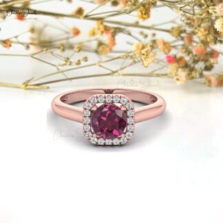Round Cut Halo Ring In 14k Solid Gold Rhodolite Garnet Diamond Wedding Rings For Her