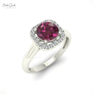 Round Cut Halo Ring In 14k Solid Gold Rhodolite Garnet Diamond Wedding Rings For Her