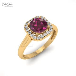 Round Cut Halo Ring In 14k Solid Gold Rhodolite Garnet Diamond Wedding Rings For Her