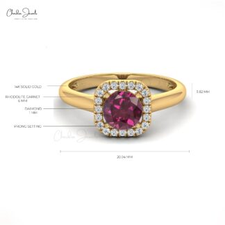 Round Cut Halo Ring In 14k Solid Gold Rhodolite Garnet Diamond Wedding Rings For Her