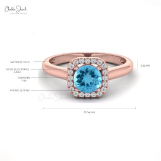 Halo Proposal Ring With 1 Ct Swiss Blue Topaz And Diamond Accents In 14k Real Gold Ring