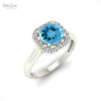 Halo Proposal Ring With 1 Ct Swiss Blue Topaz And Diamond Accents In 14k Real Gold Ring