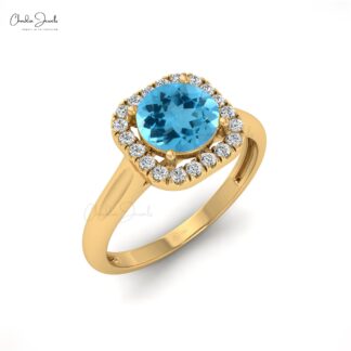 Halo Proposal Ring With 1 Ct Swiss Blue Topaz And Diamond Accents In 14k Real Gold Ring