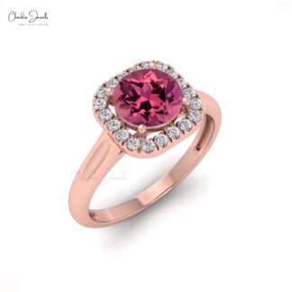 Gemstone Halo Ring In 14k Real Gold Pink Tourmaline And Diamond Engagement Ring
