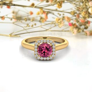 Gemstone Halo Ring In 14k Real Gold Pink Tourmaline And Diamond Engagement Ring