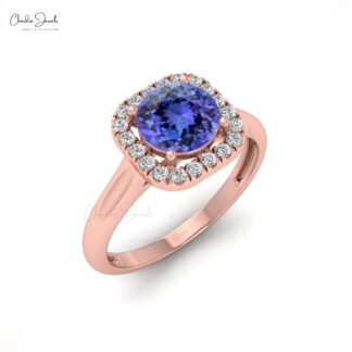Dazzling Tanzanite Gemstone Dainty Ring 14k Real Gold Diamond Halo Light Weight Ring For Her