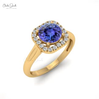 Dazzling Tanzanite Gemstone Dainty Ring 14k Real Gold Diamond Halo Light Weight Ring For Her