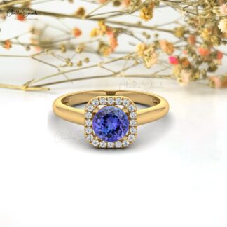 Dazzling Tanzanite Gemstone Dainty Ring 14k Real Gold Diamond Halo Light Weight Ring For Her