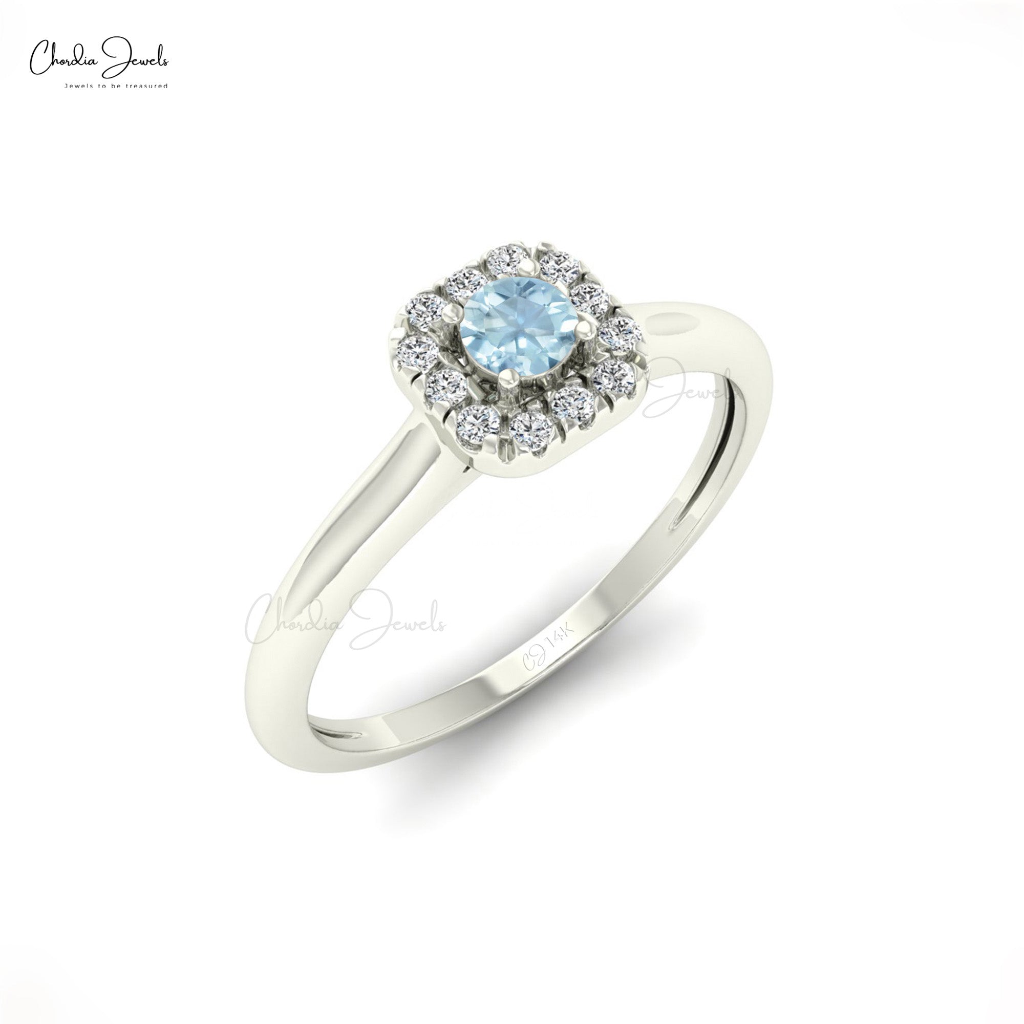 Round Cut Natural Aquamarine Halo Ring in 14k Solid Gold
