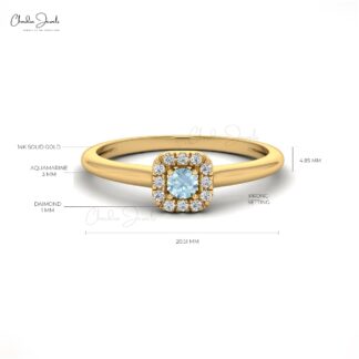 Round Cut Natural Aquamarine Halo Ring in 14k Solid Gold