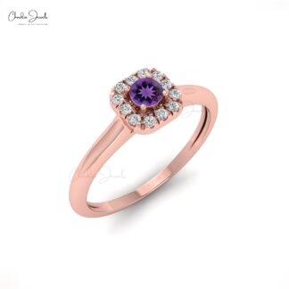 Pure 14k Gold Halo Ring With 0.10 Ct Amethyst Gemstone And Diamond Hallmarked Ring