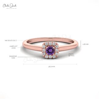 Pure 14k Gold Halo Ring With 0.10 Ct Amethyst Gemstone And Diamond Hallmarked Ring
