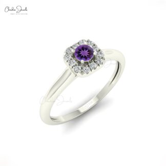 Pure 14k Gold Halo Ring With 0.10 Ct Amethyst Gemstone And Diamond Hallmarked Ring