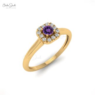 Pure 14k Gold Halo Ring With 0.10 Ct Amethyst Gemstone And Diamond Hallmarked Ring