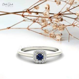 Round Gemstone Diamond Ring In 14k Solid Gold Blue Sapphire Engagement Rings