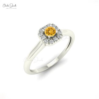 Dainty Diamond Halo Ring In 14k Pure Gold Citrine 3mm Round Gemstone Bridal Rings