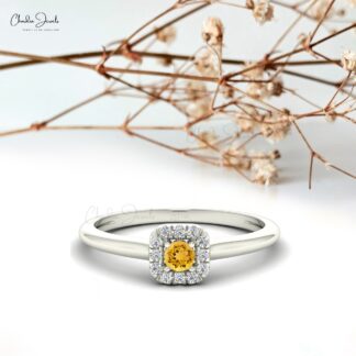 Dainty Diamond Halo Ring In 14k Pure Gold Citrine 3mm Round Gemstone Bridal Rings